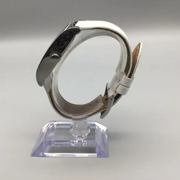 Guess Watch Women Silver Tone 37mm Square Pave White Leather Band New Battery - Picture 3 of 13